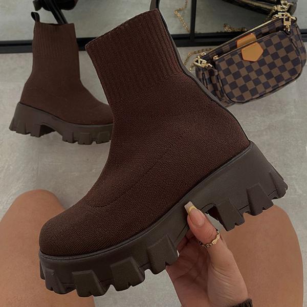 Platform Chelsea Boots  Brown Knit Stretch Upper - Product showcase
