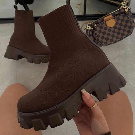 Platform Chelsea Boots  Brown Knit Stretch Upper - Product showcase