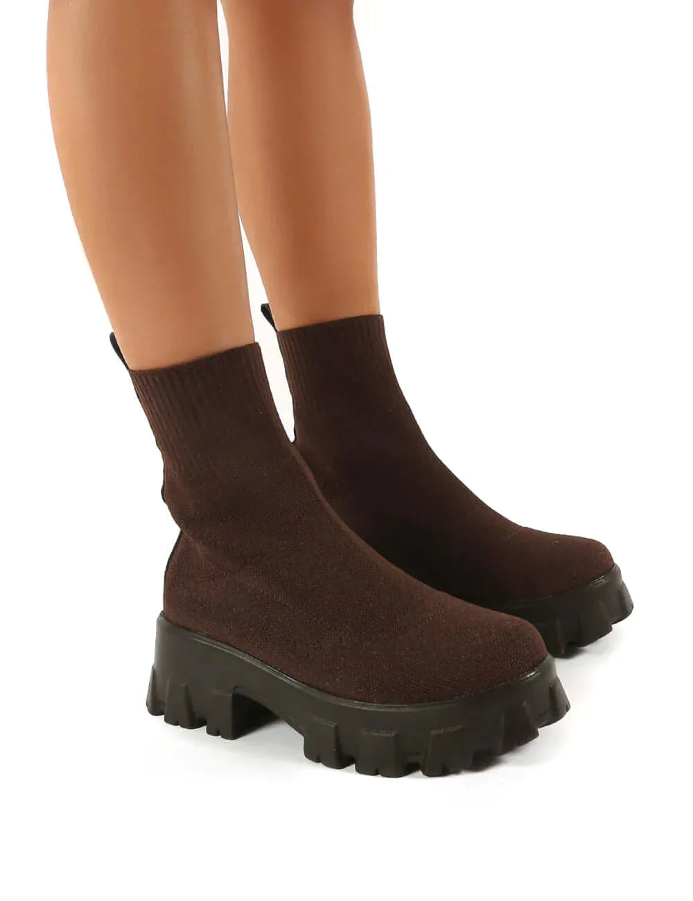 Platform Chelsea Boots  Brown Knit Stretch Upper - Product example