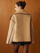 Minky Shift Coat  Contrast Piping Faux Leather Details - Detailed view