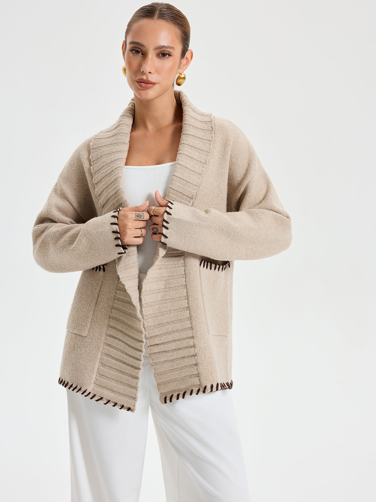 Contrast Stitched Cardigan  Belted Shawl Collar Knit - Product example
