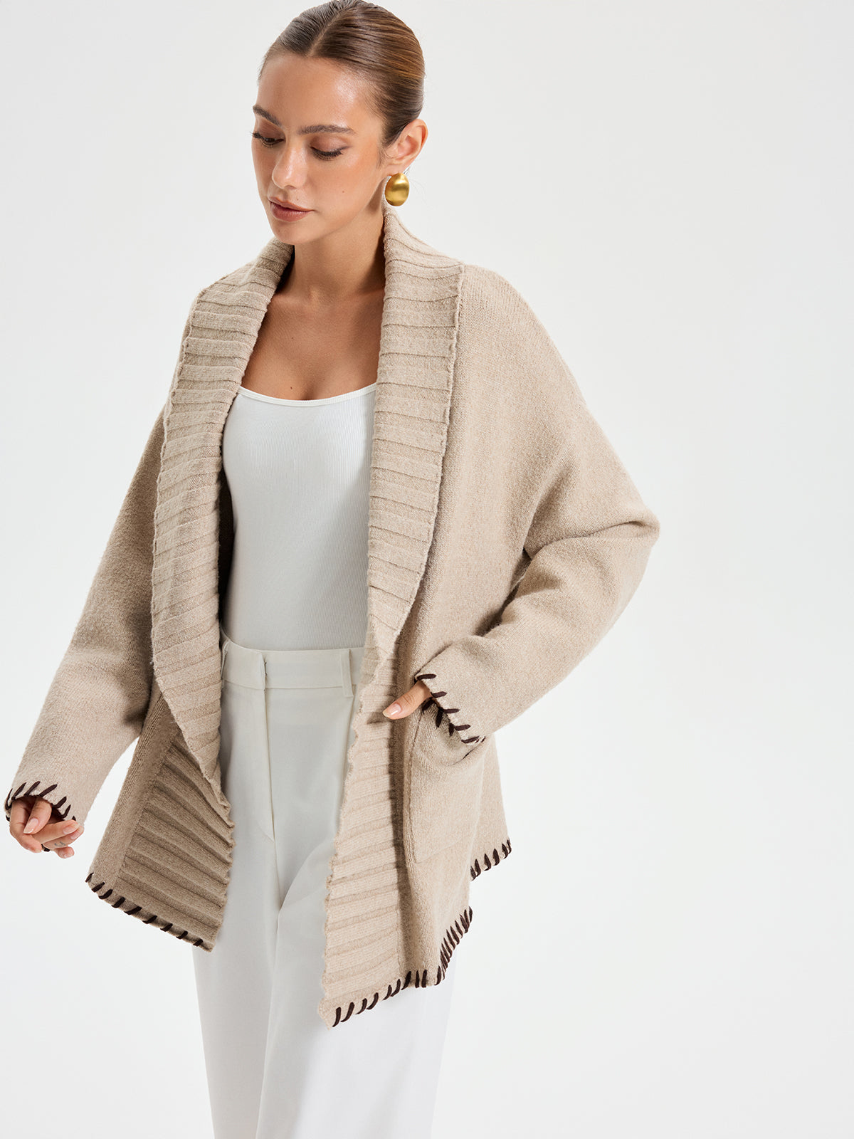 Contrast Stitched Cardigan  Belted Shawl Collar Knit - Product detail 4