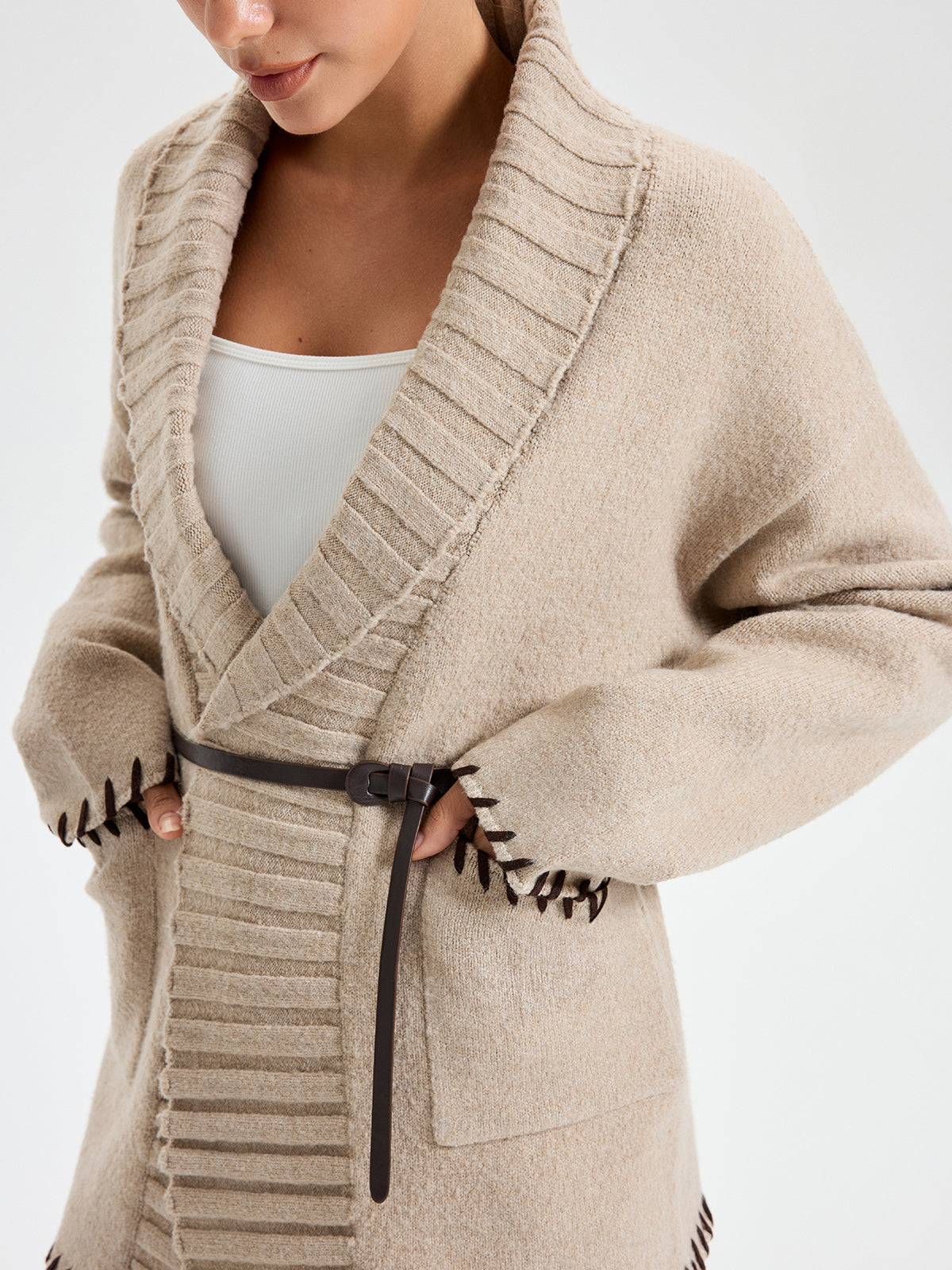 Contrast Stitched Cardigan  Belted Shawl Collar Knit - Product detail 5
