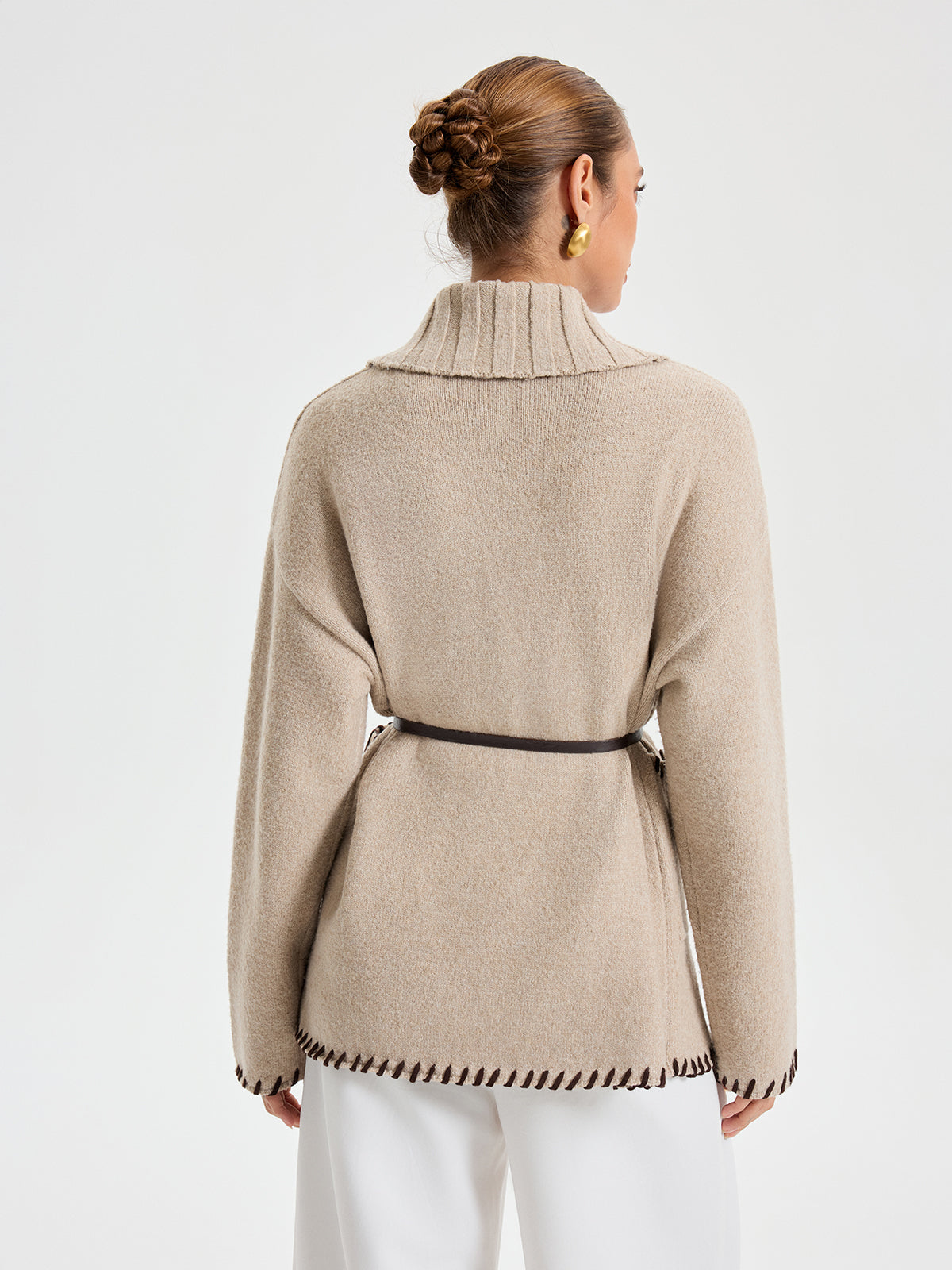 Contrast Stitched Cardigan  Belted Shawl Collar Knit - Product detail 6