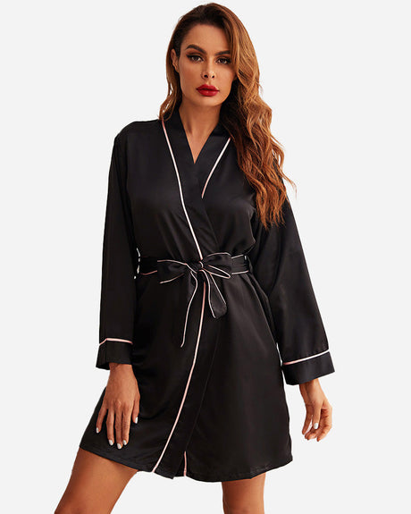 Luxury Satin Robe  Black With Pink Piping Trim - Product showcase