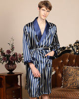 Luxury Striped Robe  Navy Blue Satin Kimono Style - Product showcase
