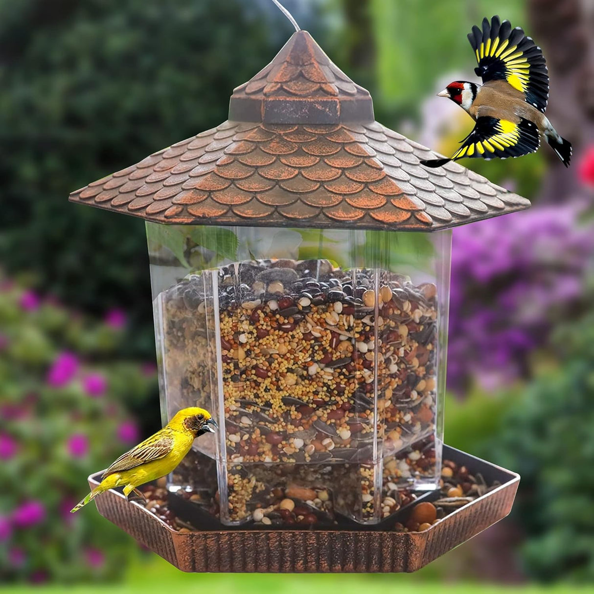 Copper Bird Feeder  Weatherproof Hanging Design with Clear Seed Container - Product example