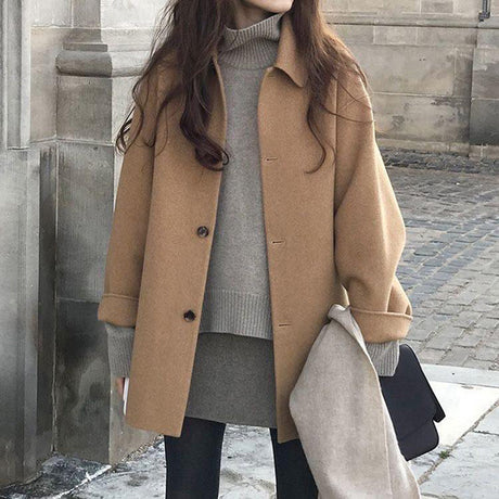 Classic Wool Winter Coat  Camel Mid-Length Button Front - Product showcase