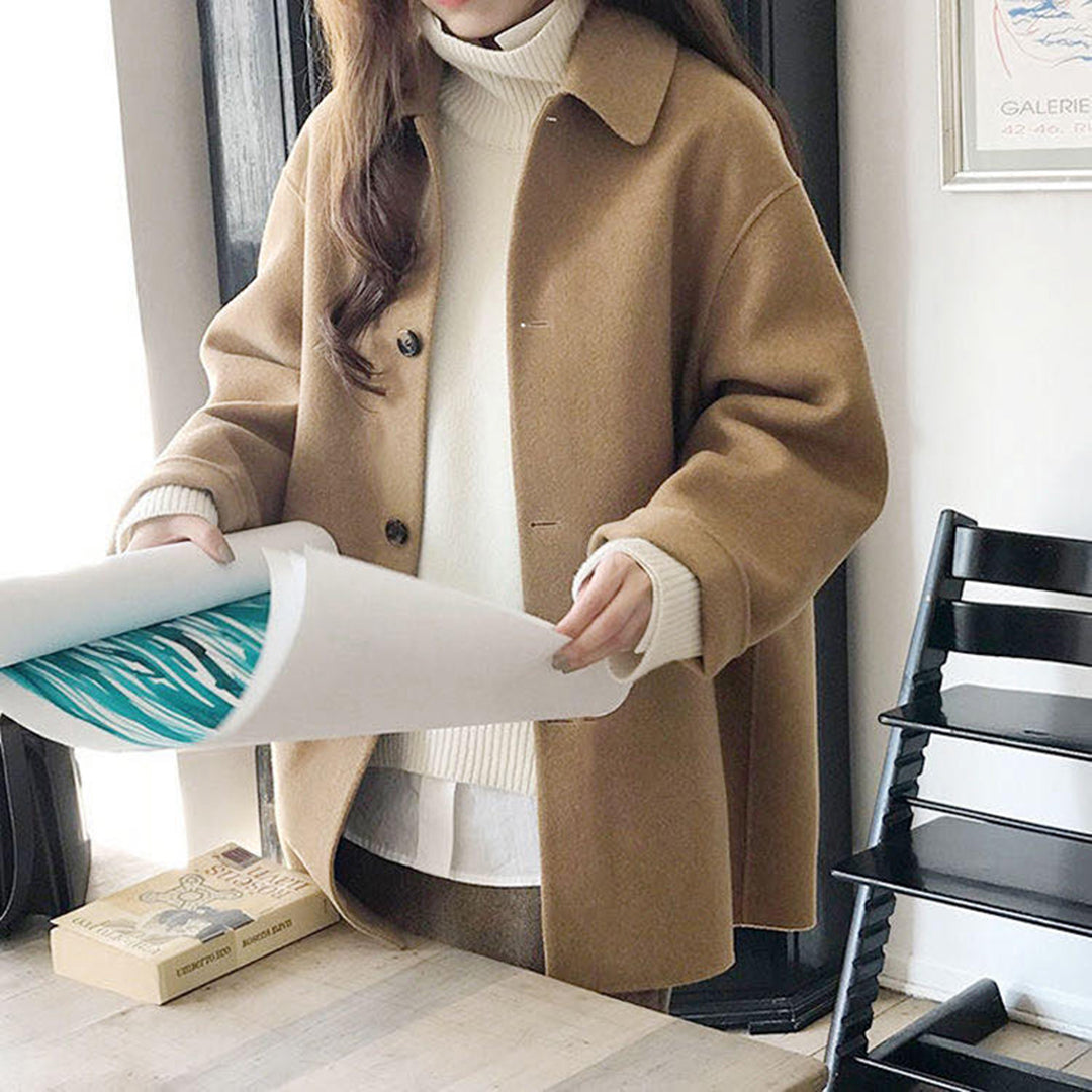 Classic Wool Winter Coat  Camel Mid-Length Button Front - Detailed view