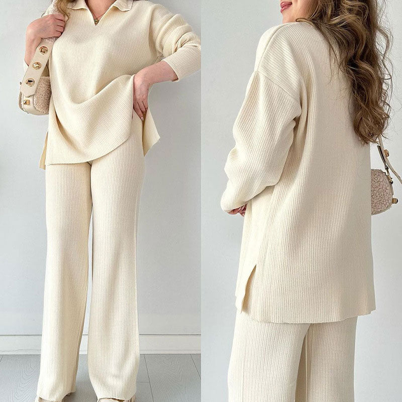 Ribbed Loungewear Set  Wide Leg V-Neck Two-Piece - Product detail 4