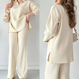 Ribbed Loungewear Set  Wide Leg V-Neck Two-Piece - Product detail 4