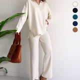 Ribbed Loungewear Set  Wide Leg V-Neck Two-Piece - Detailed view