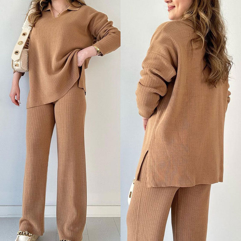 Ribbed Loungewear Set  Wide Leg V-Neck Two-Piece - Product detail 5
