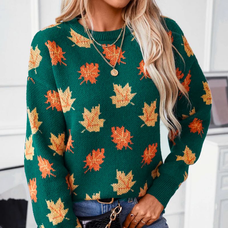 Autumn Knit Sweater  Maple Leaf Pattern In Forest Green - Product detail 5
