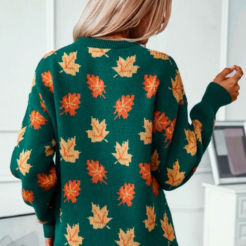 Autumn Knit Sweater  Maple Leaf Pattern In Forest Green - Detailed view