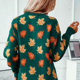 Autumn Knit Sweater  Maple Leaf Pattern In Forest Green - Detailed view