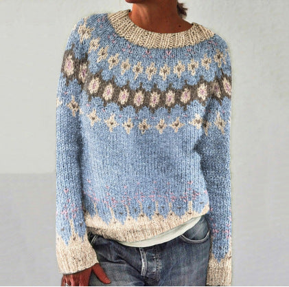 Nordic Wool Sweater  Fair Isle Pattern In Sky Blue - Detailed view