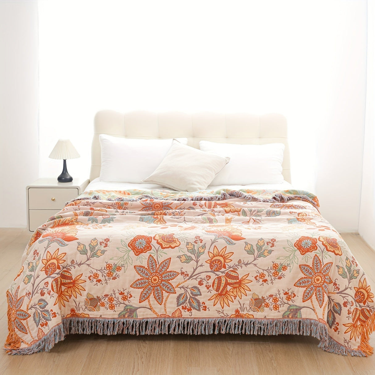 Floral Cotton Throw Blanket  Embroidered Tassel Design - Product detail 9