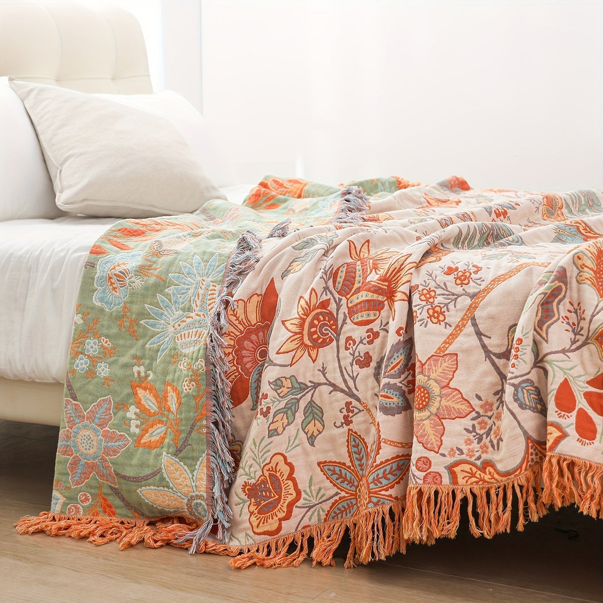 Floral Cotton Throw Blanket  Embroidered Tassel Design - Detailed view