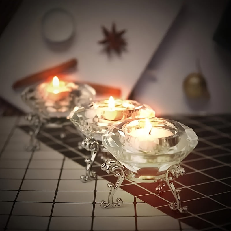 Crystal Tealight Holders  Elegant Glass With Scrolled Silver Stand - Detailed view