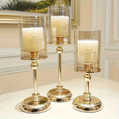 Luxury Candle Holders Set  Glass Cylinder Metal Base Design - Product detail 11