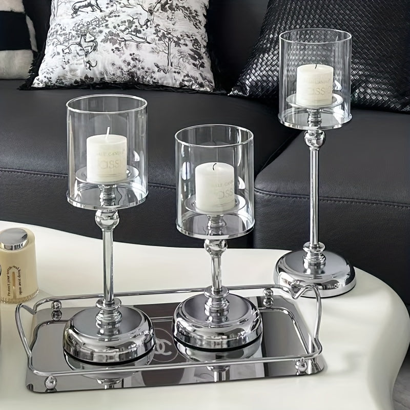 Luxury Candle Holders Set  Glass Cylinder Metal Base Design - Product detail 9