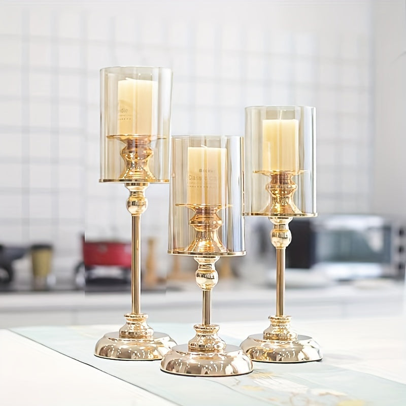 Luxury Candle Holders Set  Glass Cylinder Metal Base Design - Product example