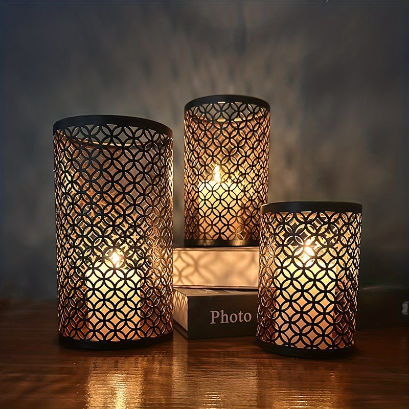 Geometric Metal Candle Holders  Moroccan Lattice Pattern Set of 3 - Detailed view