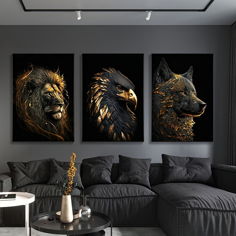 Wildlife Canvas Art Set  Golden Lion Eagle Wolf Triptych - Detailed view