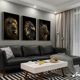 Wildlife Canvas Art Set  Golden Lion Eagle Wolf Triptych - Product example