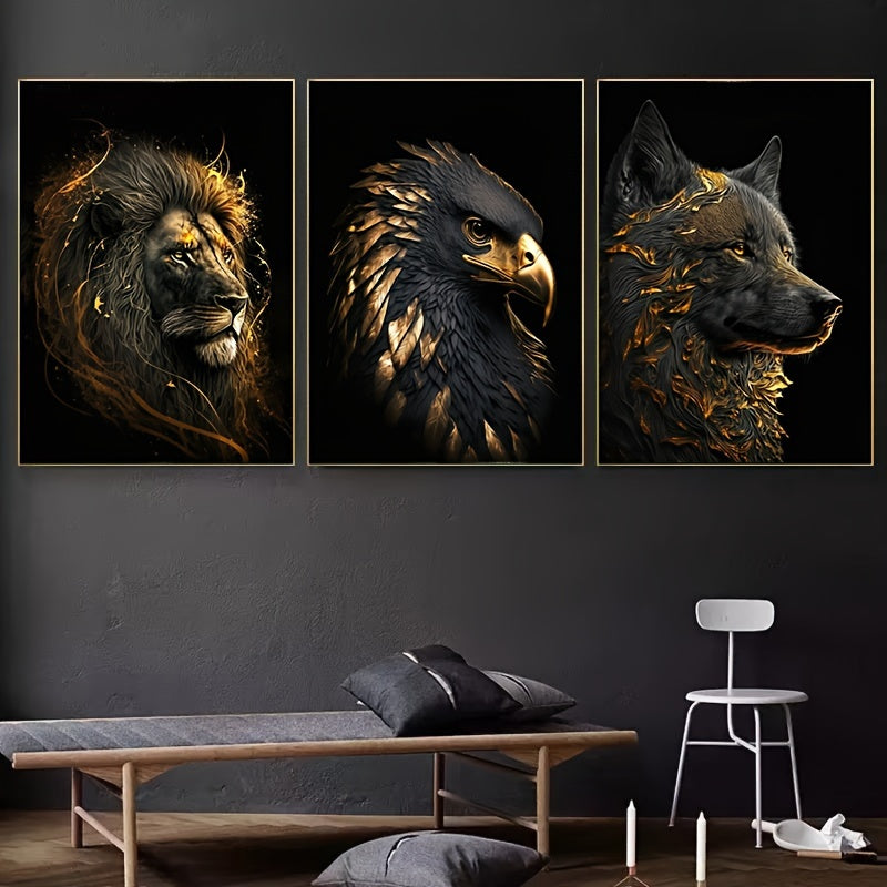 Wildlife Canvas Art Set  Golden Lion Eagle Wolf Triptych - Product detail 4