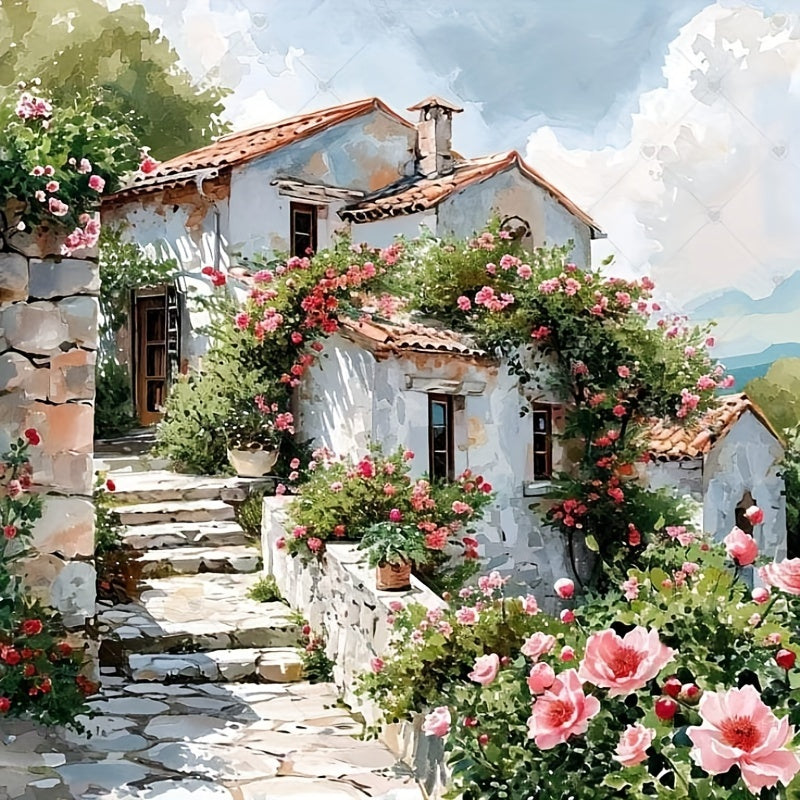 Mediterranean Landscape Canvas  Pink Rose Garden Path - Detailed view