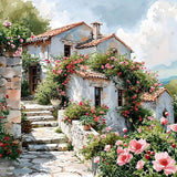 Mediterranean Landscape Canvas  Pink Rose Garden Path - Detailed view