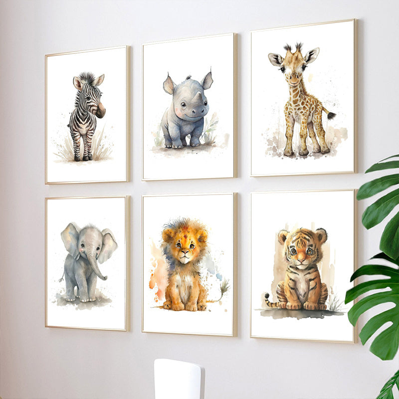 Safari Animal Wall Art  Watercolor Baby Animals Set of 8 Canvas Prints - Detailed view