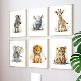 Safari Animal Wall Art  Watercolor Baby Animals Set of 8 Canvas Prints - Detailed view