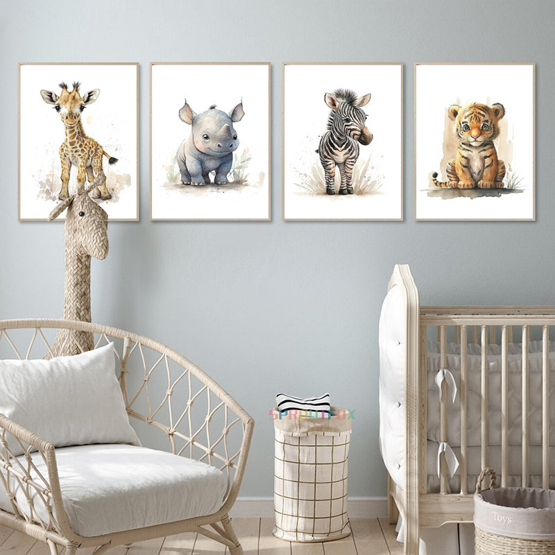 Safari Animal Wall Art  Watercolor Baby Animals Set of 8 Canvas Prints - Product example