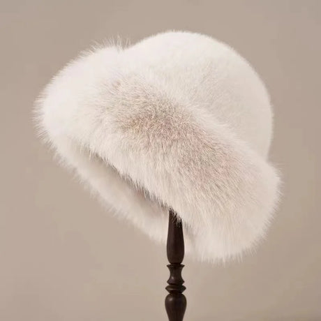 Winter Faux Fur Hat  Plush White Luxury Design - Detailed view