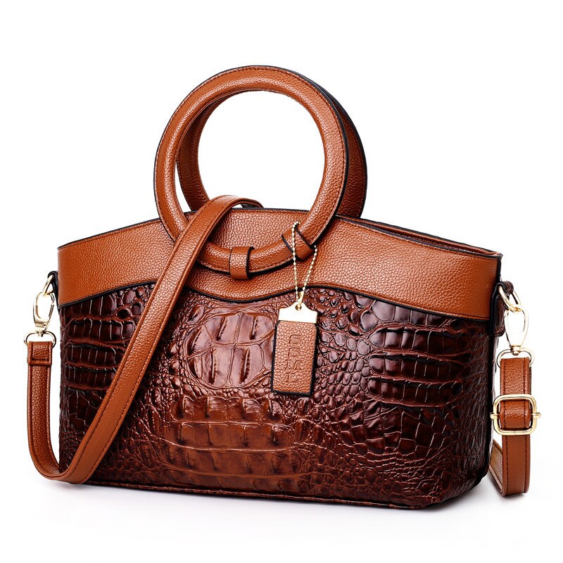Crocodile Pattern Handbag  Brown PU Leather with Gold Hardware - Product showcase
