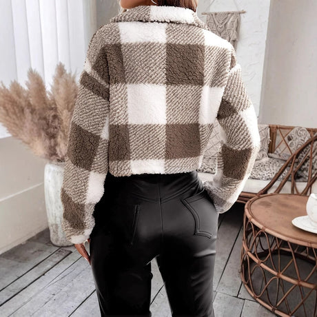 Plaid Sherpa Jacket  White Grey Checkered Pattern - Product example