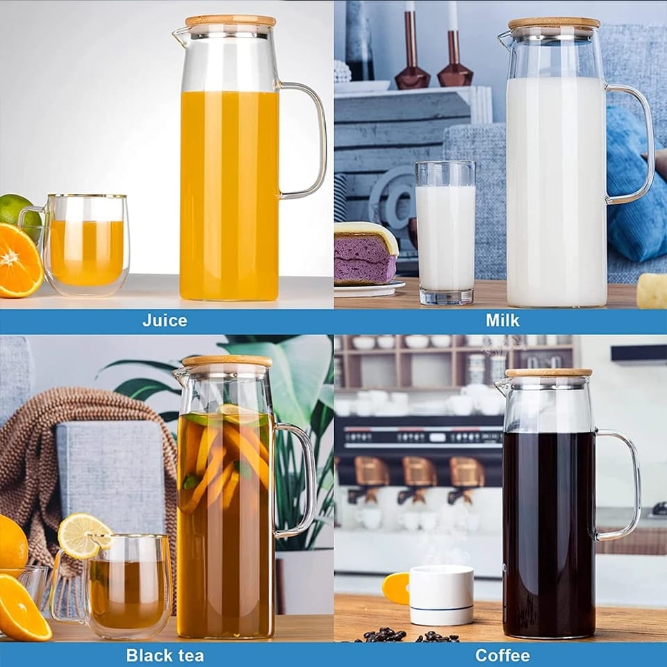 Glass Water Pitcher  Bamboo Lid Heat Resistant Jug - Product showcase