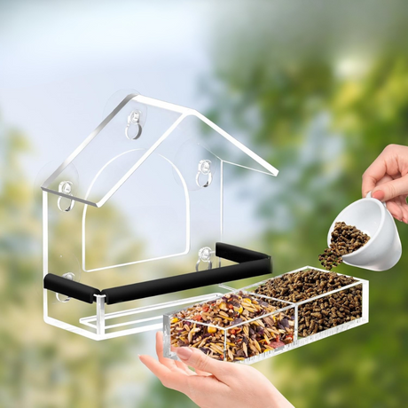 Acrylic Window Bird Feeder  Transparent House Design with Suction Cups - Product showcase