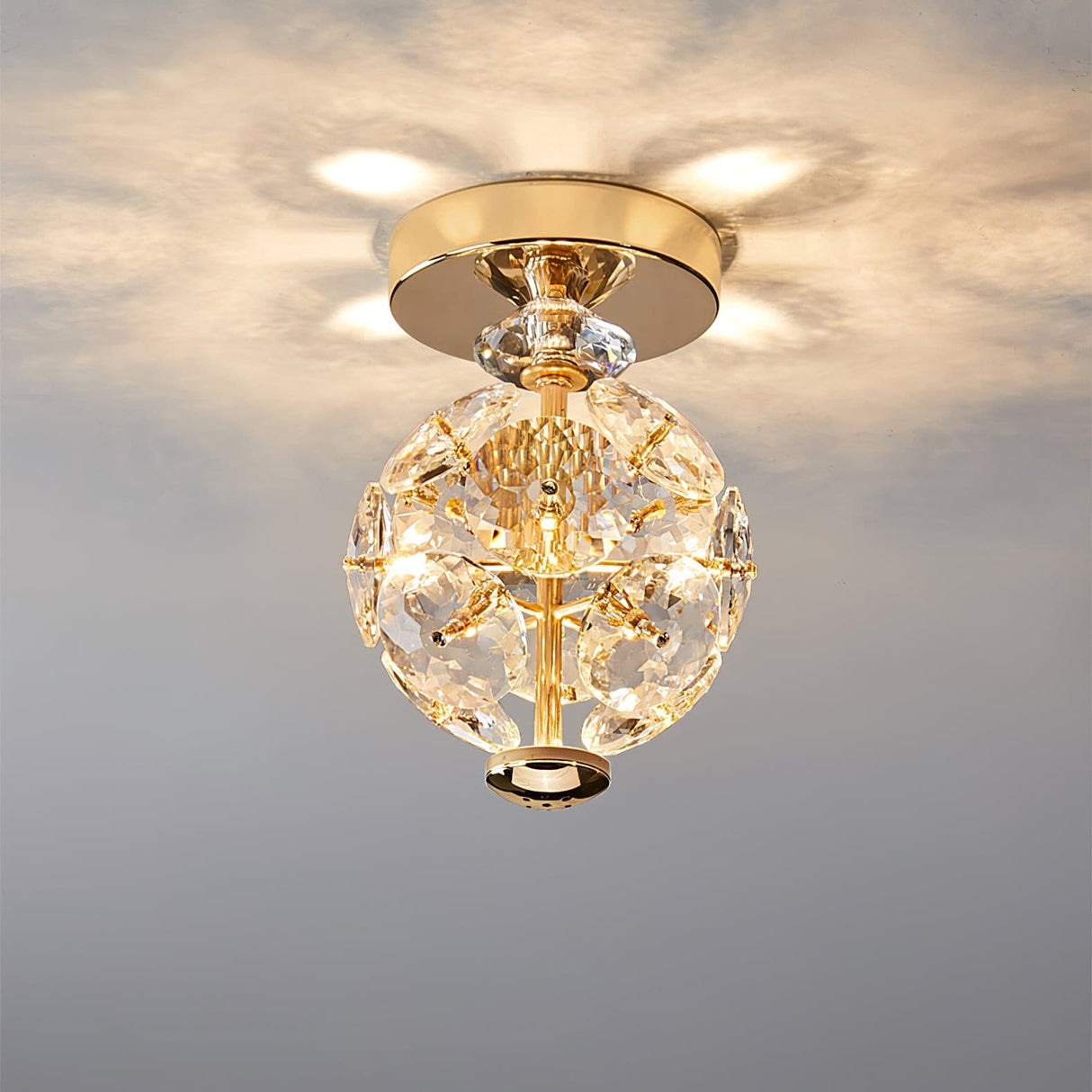 Crystal Sphere Ceiling Light  Gold Frame Glass Globe Design - Detailed view