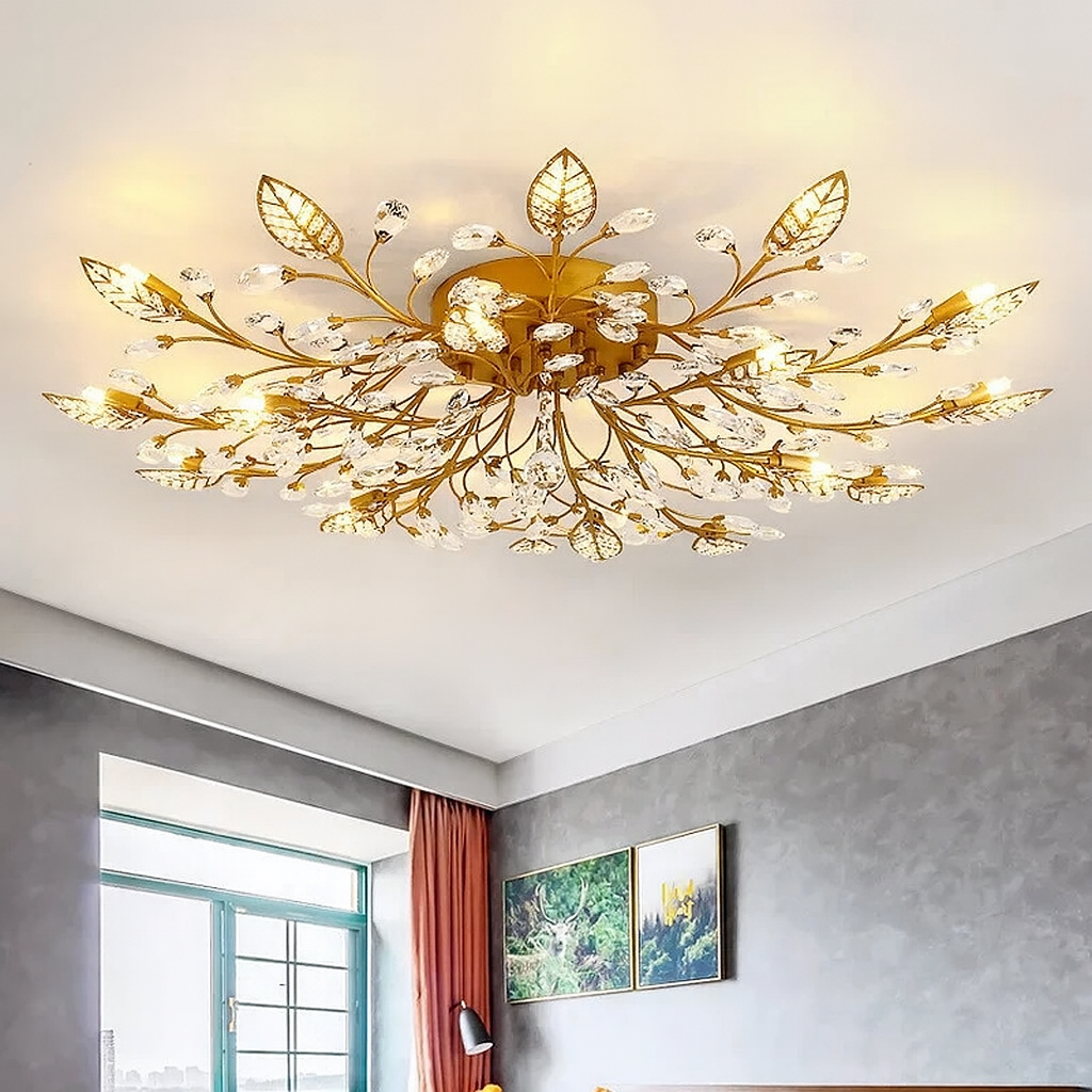 Crystal Floral Ceiling Light  Branching Design With Glass Petals - Detailed view