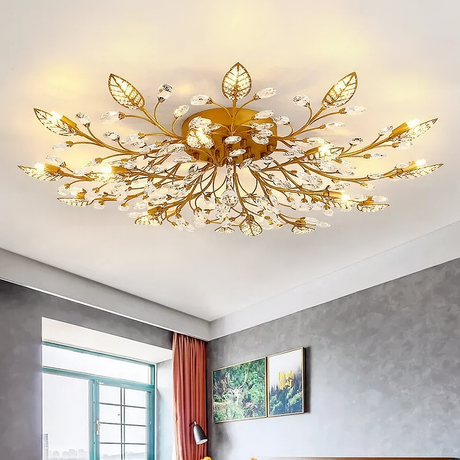 Crystal Floral Ceiling Light  Branching Design With Glass Petals - Detailed view
