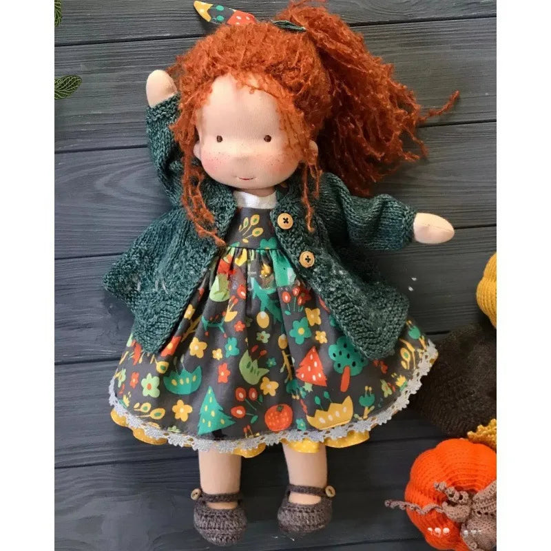 Waldorf Cotton Doll  Autumn Floral Dress With Knit Cardigan - Product showcase