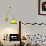 Vintage Glass Wall Lamp  Green Bell Shade with Brass Arm - Detailed view