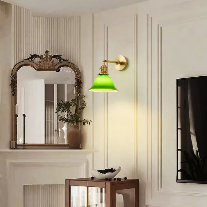 Vintage Glass Wall Lamp  Green Bell Shade with Brass Arm - Product detail 5