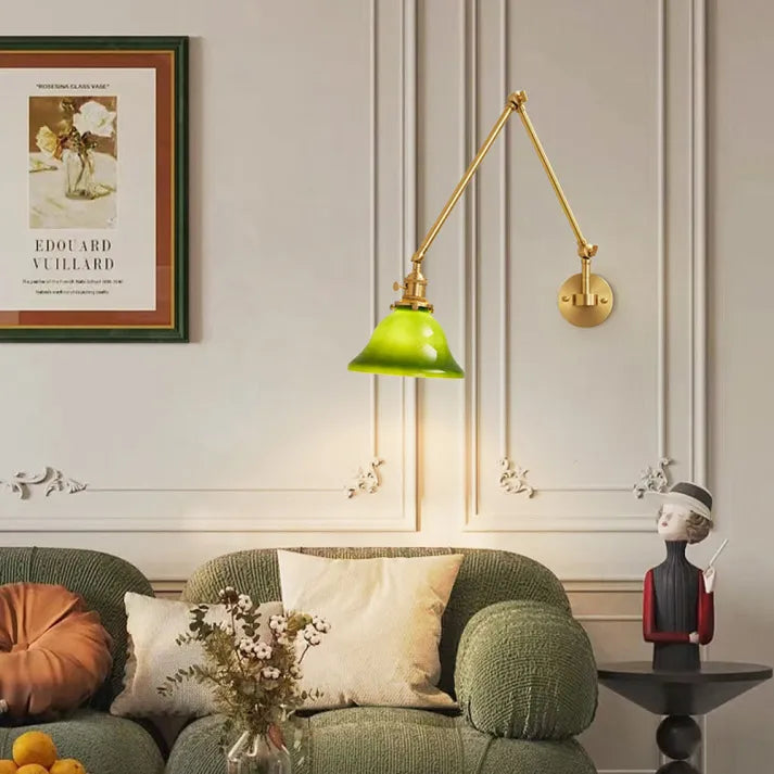 Vintage Glass Wall Lamp  Green Bell Shade with Brass Arm - Product detail 4