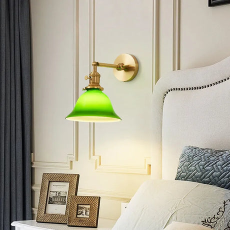 Vintage Glass Wall Lamp  Green Bell Shade with Brass Arm - Product showcase