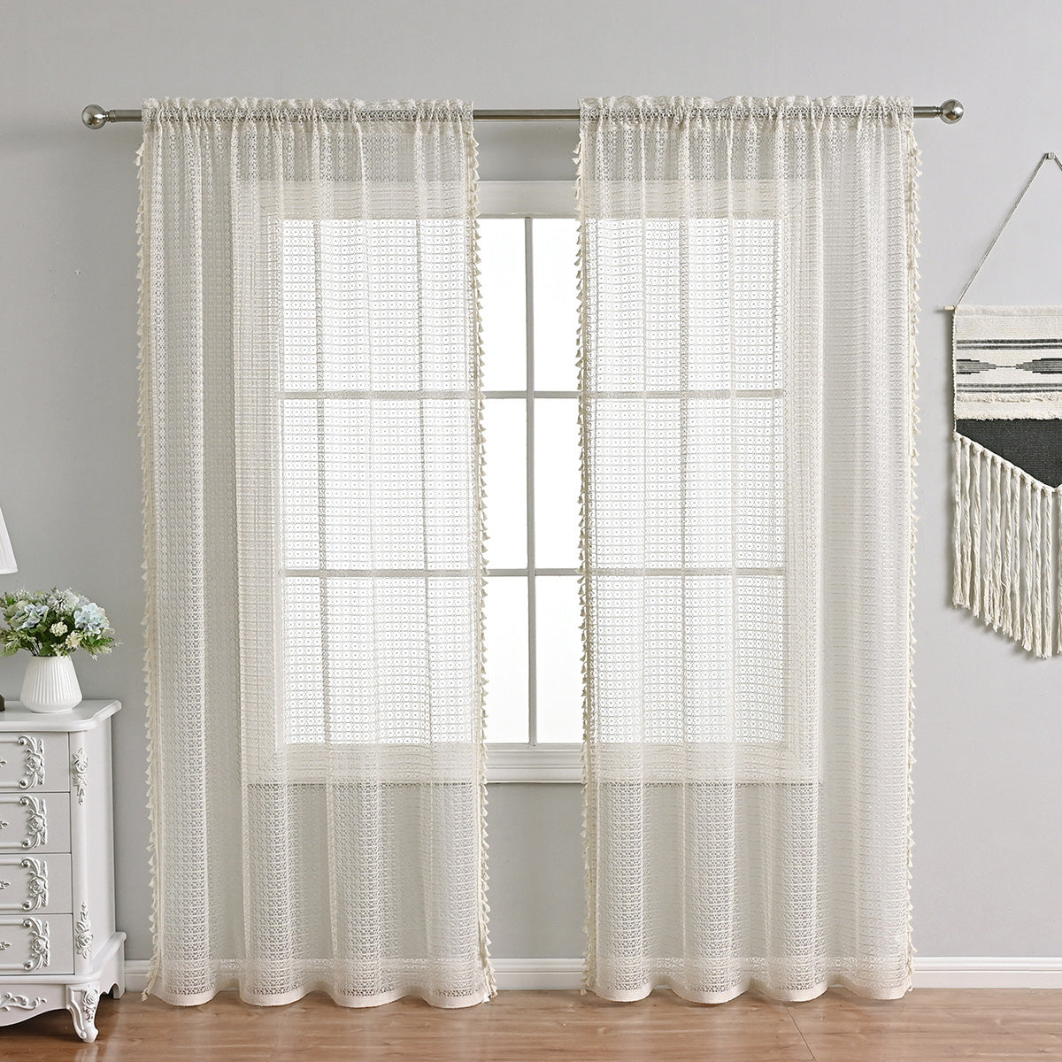 French Voile Curtains  Sheer Beige With Tassel Trim - Product showcase
